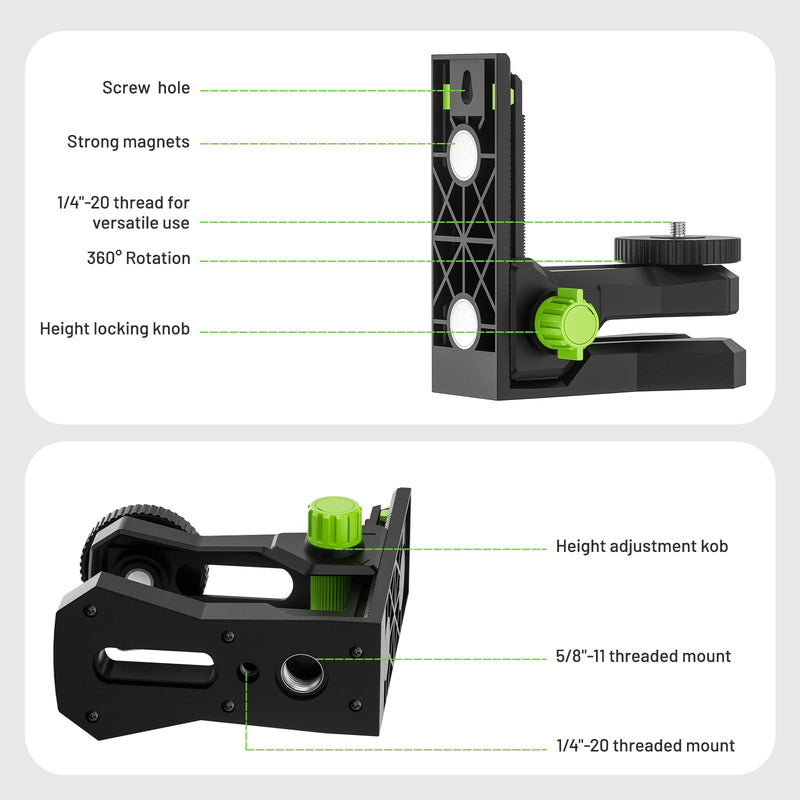 Huepar Fine-tuning Bracket for Line and Point Laser Levels, 1/4"-20 Male Thread L-Shape Magnetic Pivoting Base with 1/4"-20 and 5/8"-11 Female Threaded Mounts on Bottom for Wall & Ceiling Mount - PV12