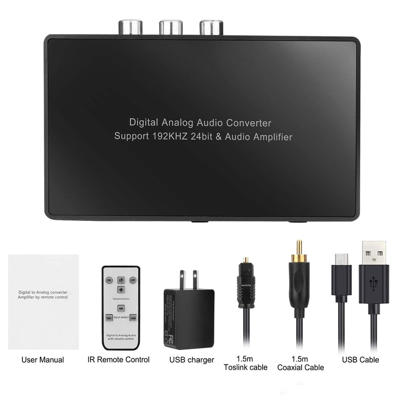 Digital to Analog Audio Converter with Remote, 192KHz/24bit Digital Coaxial Toslink to Analog L/R RCA 3.5mm Audio with Both Toslink Cable and Coaxial Cable