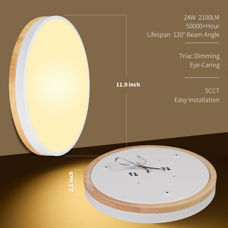 White Wood 24W Modern LED Flush Mount Ceiling Light, Close to Ceiling Light Fixture, 2700-5000K Dimmable, Round Ceiling Lamp for Bathroom Kitchen Entry Way Bedroom Laundry Room Hallway Wood & White 12 inch