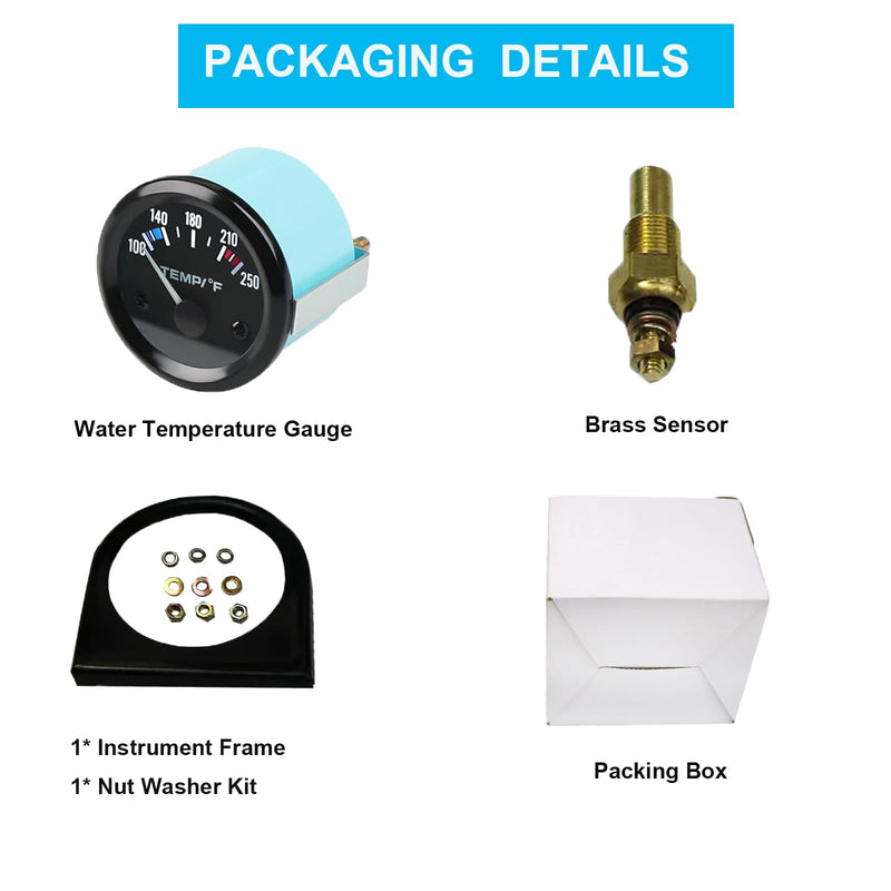 Universal 2" 52mm Water Temp Gauge Automotive, 100-250℉ Water Temperature Gauge with LED Backlight, DC 12V Water Temp Thermometer Meter Kit with Sensor for Car Boat Marine Truck Motorcycle White Pointer