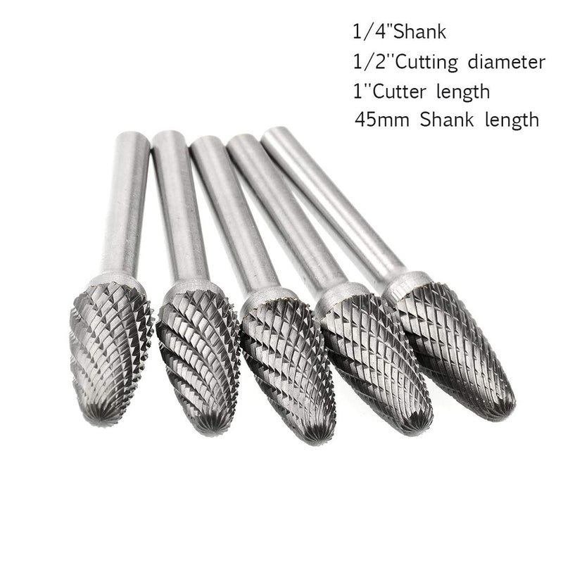 SF-5 Tungsten Carbide Burr Set Double Cut Rotary Burrs File(1/2” Cutter Dia X 1”Cutter Length) with 1/4'' (6.35mm) Shank for Die Grinder Drill Bits (Pack of 5)…