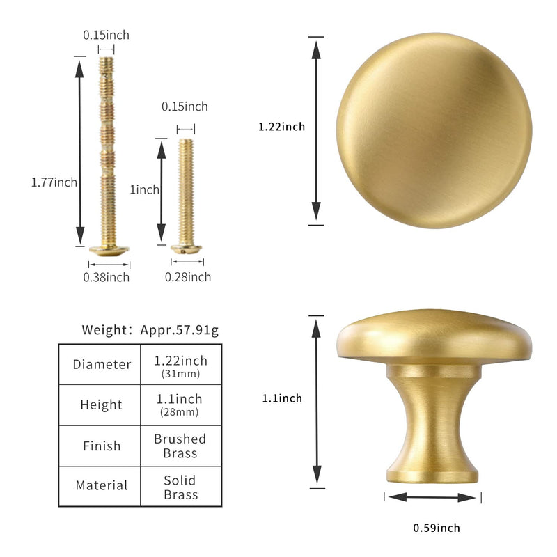 SALISENG Solid Brass Gold Cabinet Knob - 6 Pack Round Dresser Drawer Pulls,1.26 Inch, Bathroom Cabinet Handles, Furniture Hardware for Closet Cupboard Brushed Gold