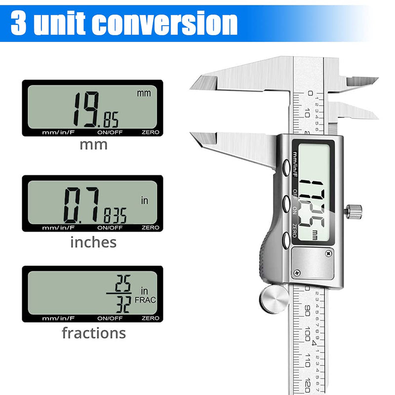 Digital Caliper Measuring Tool, Stainless Steel Vernier Caliper Digital Micrometer with Large LCD Screen, Easy Switch from Inch Metric Fraction, 6 Inch Caliper Tool for DIY/Household 20-F