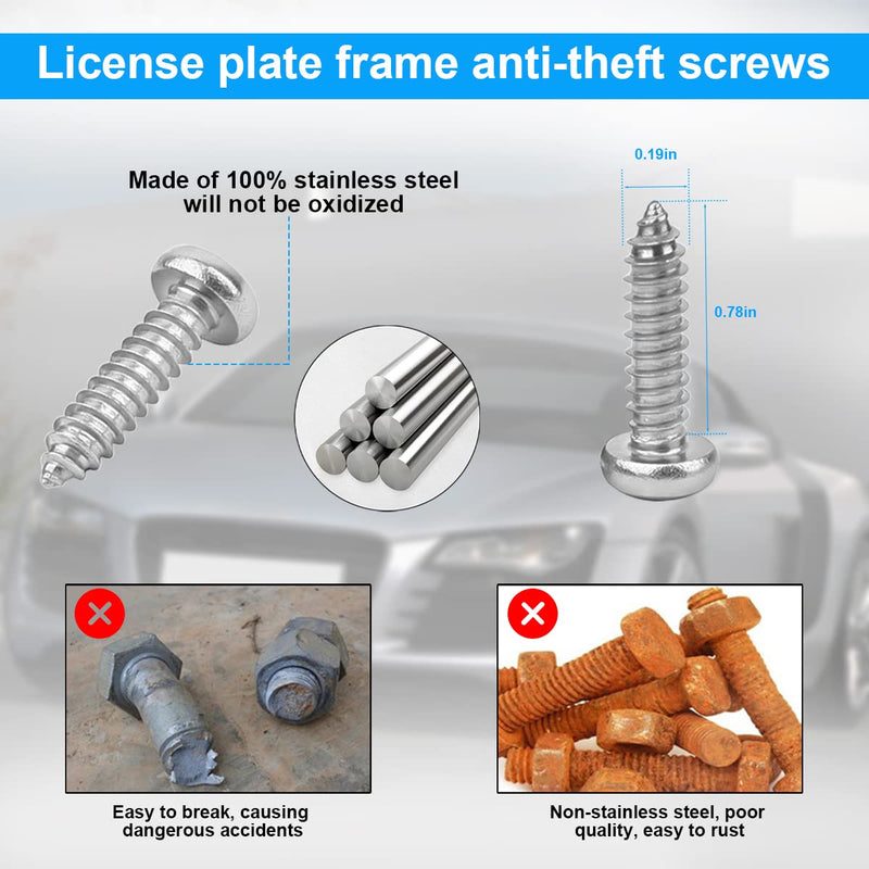 YALOK Anti Theft License Plate Screws Kits- Rustproof Stainless Steel Car Tag Plate Mounting Hardware, M6 (1/4") Tamper Proof Fastener Nut, Caps Cover for Front Rear Frame Holder Mounting（AT-Silver/4） 4PCS AT-Silver