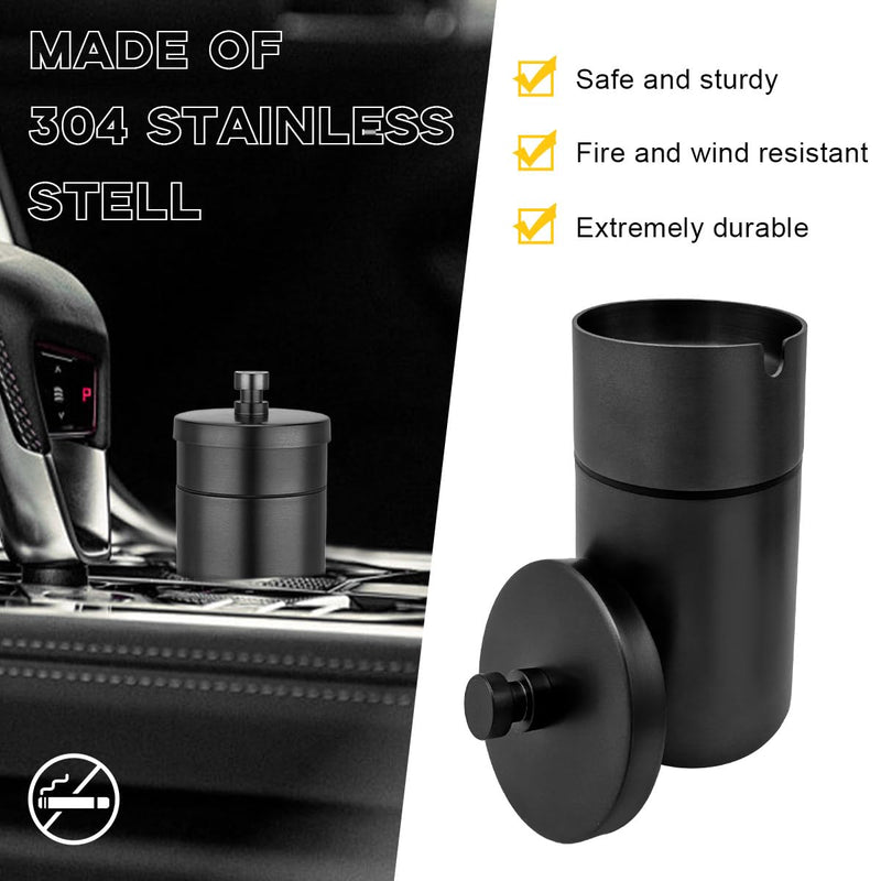 Car Ashtray with Lid, Stainless Steel Smokeless Smell Proof Auto Ash Tray, Detachable Mini Portable Cup Holder Cigarette Ashtray for Vehicle Office Home, Car Accessories (Black) Black