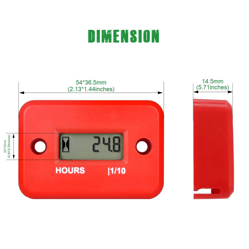 Yooreal Digital Inductive Hour Meter Waterproof IP68,Works on Various of ZTR/Riding Lawn Mower Land Trimmer UTV Brush Cutter Tractor ATV Boat Outboard Motor Dirt Bike Motorcycle. (HM006A Red) HM006A Red