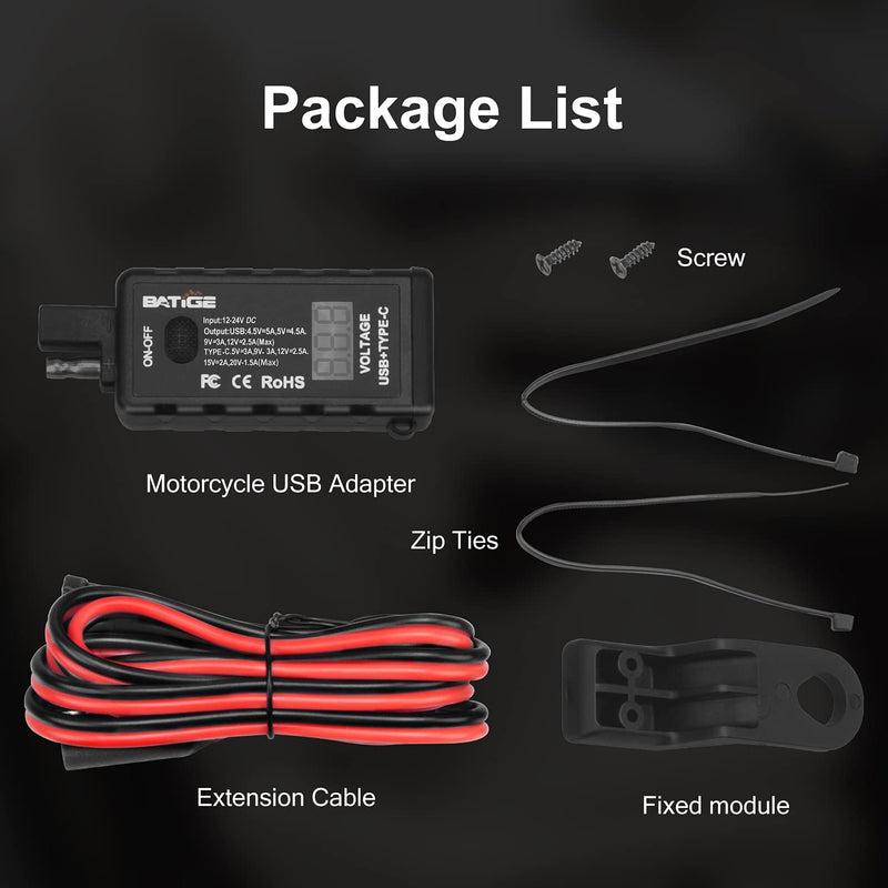 BATIGE Motorcycle USB Charger SAE to USB Adapter Type C and Quick Charge USB 3.0 with Voltmeter, ON/Off Switch and 3.6FT SAE Extension Cable Waterproof 3 Install Options for GPS Smartphone Camera