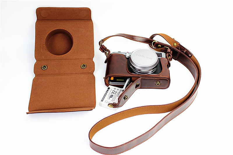 X100 Case, BolinUS Handmade PU Leather Fullbody Camera Case Bag Cover for Fujifilm Fuji X100 X100S X100T Bottom Opening Version + Neck Strap -Coffee Multi-Colored