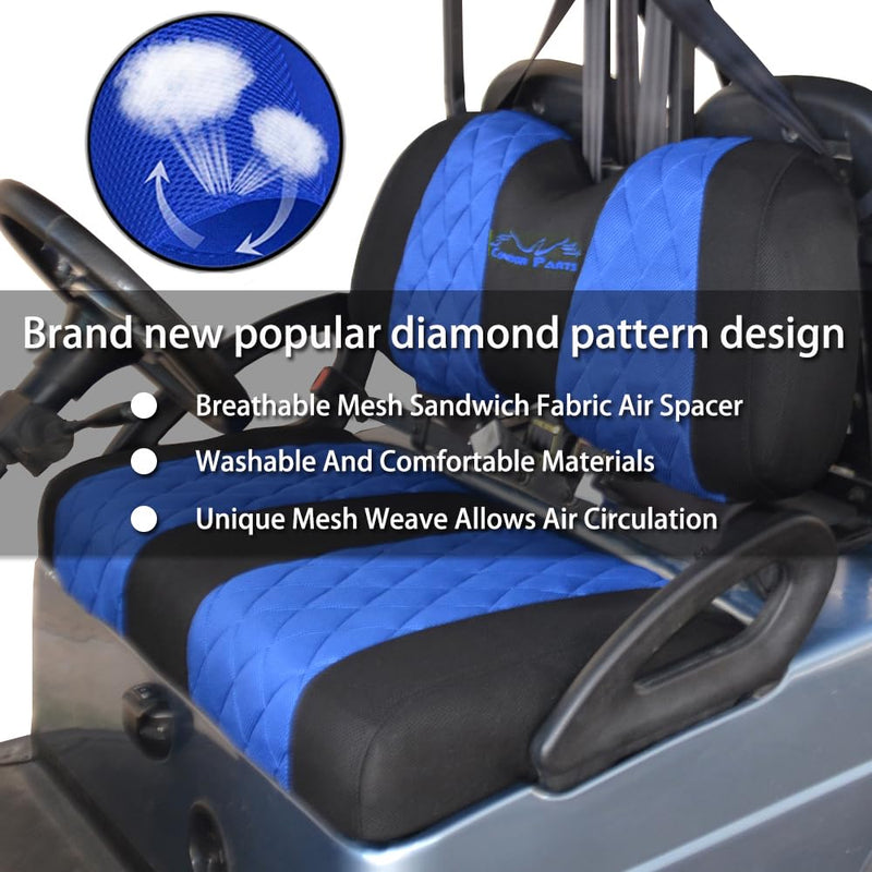 Golf Cart Diamond Seat Covers for Club Car Precedent OEM Standard Front Seat Cushion.Breathable Washable Polyester Mesh Cloth. Renew Your Golf Cart with Lowest Value. blue