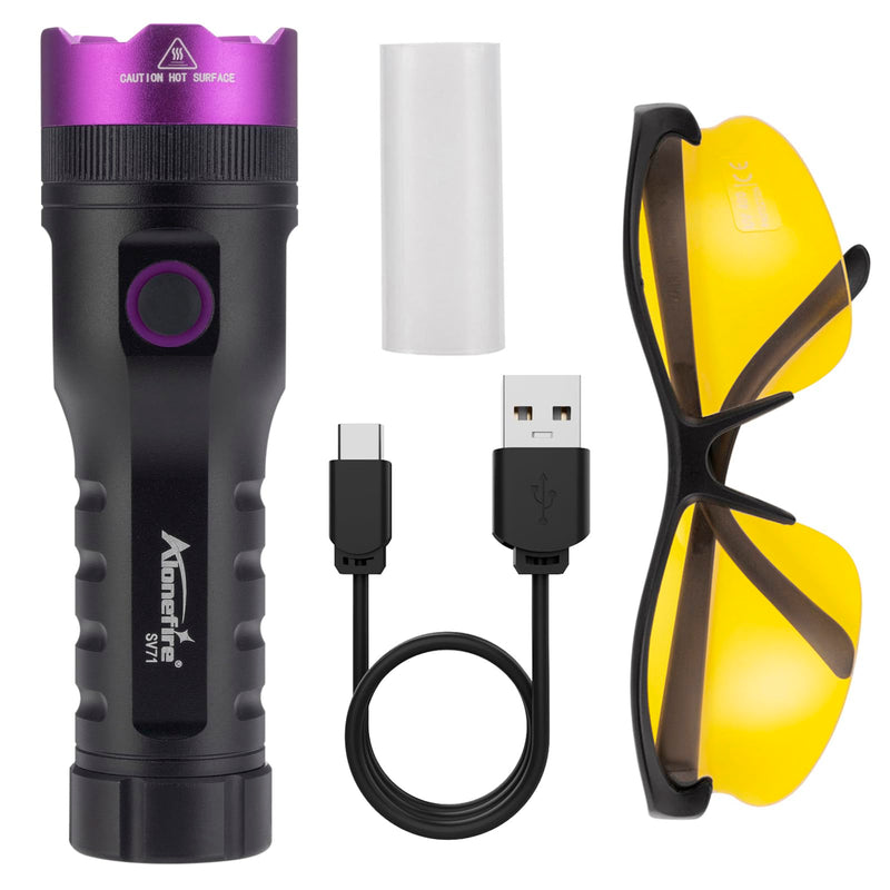 ALONEFIRE SV71 365nm UV Flashlight Strong 15W USB C Rechargeable Black Light Money Detector for Resin Curing, Pet Urine, Scorpion, Fishing, Mineral, Rocks, Glue with UV Protective Glasses, Battery