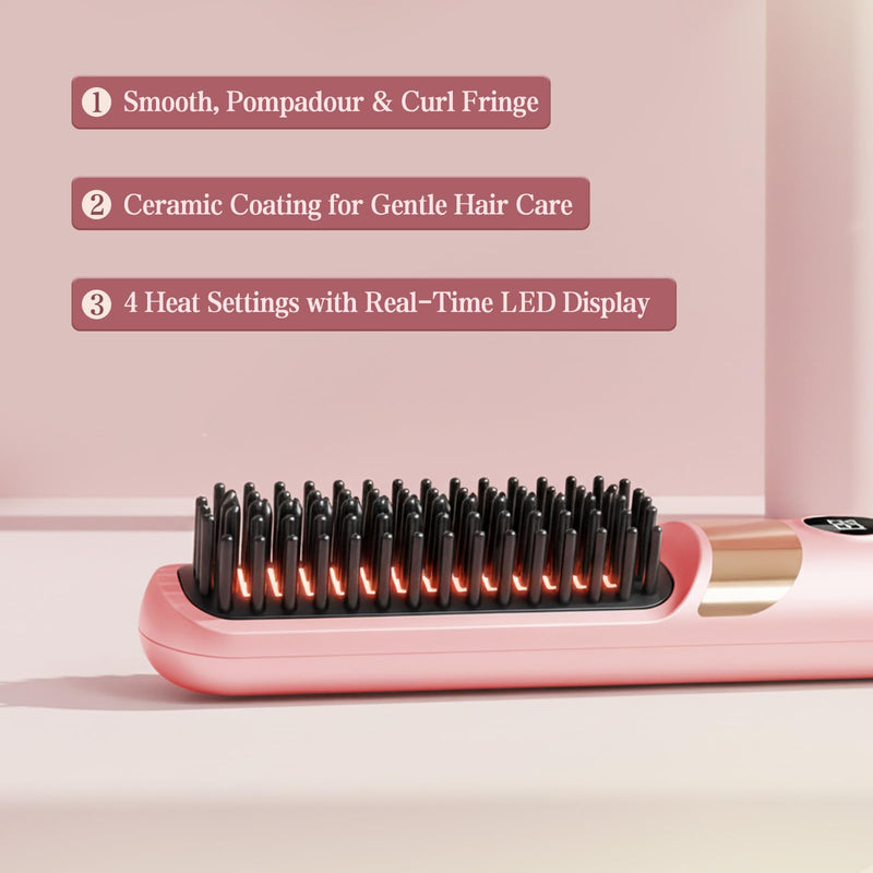  [AUSTRALIA] - Go Brush Pro UK Cordless Hair Straightener Brush, Pink | Rechargeable Ceramic Styling / 4 Heat Modes / LED Display / Portable for Travel & Daily Touch-Ups