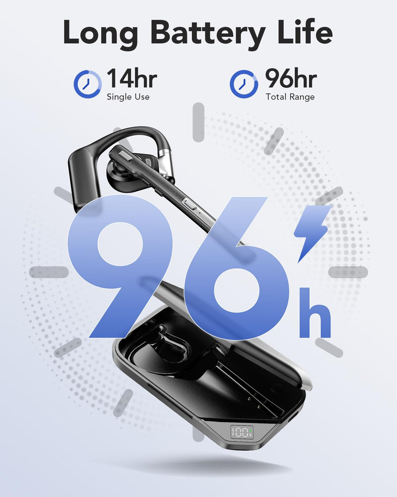 Bluetooth 6.0 Open-Ear Headset with Noise-Canceling Microphone | 96-Hour Talk Time, 950mAh Charging Case and Mute Button for Truckers, Work, iOS, Android and Laptops Black