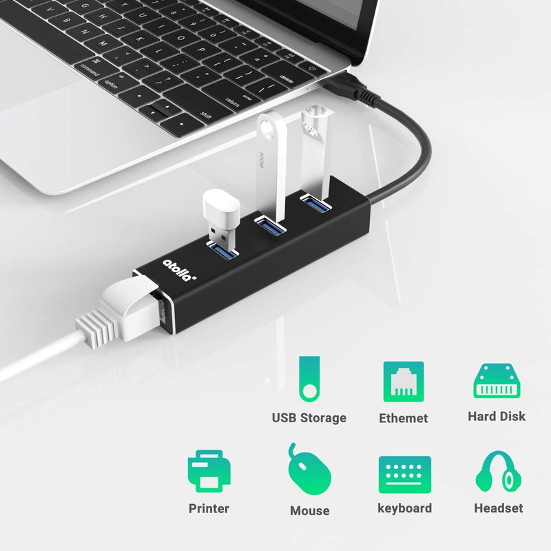 USB to Ethernet Adapter, atolla 3 Ports USB 3.0 Hub with 10/100/1000 Mbps LAN RJ45 Gigabit Network Adapter, Supports Windows 10/8/7, Mac OS, Linux