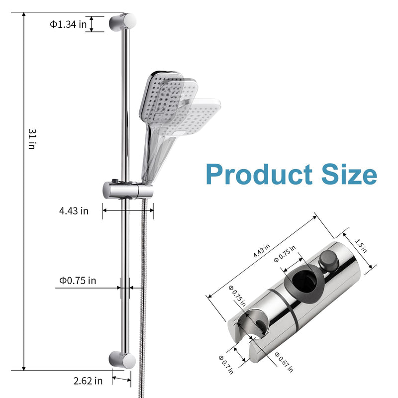 OFFO Shower Slide Bar Combo, Adjustable 31 in Slide Bar with 3-Mode Square Handheld Shower Head and 60 in Stainless Steel Hose, Screw Wall Mounted, Chrome Finish Square 31" Slide Bar & 60" Hose