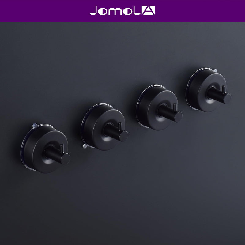 JOMOLA Stainless Steel Bathroom Suction Hooks - No Drill Adhesive-Free Wall Mount for Shower, Towel & Robe, Rustproof Metal Hardware with Damage-Free Grip, Matte Black (4-Pack) Black-4 Pack