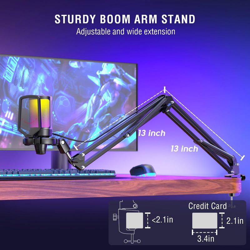 FIFINE Gaming PC USB Microphone, Podcast Condenser Mic with Boom Arm, Pop Filter, Mute Button for Streaming, Twitch, Online Chat, RGB Computer Mic for PS4/5 PC Gamer Youtuber-AmpliGame A6T Black