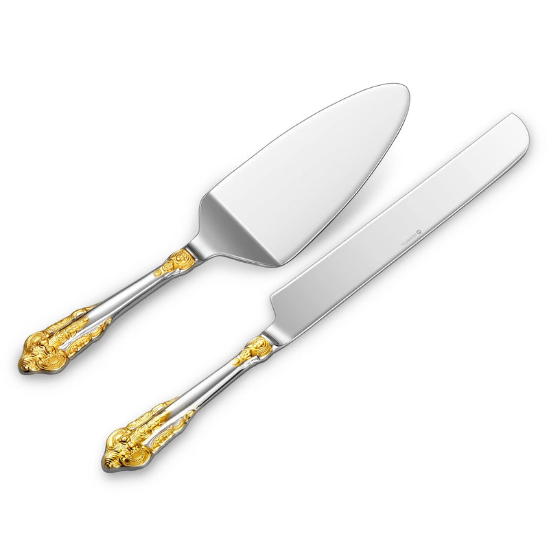 KEAWELL Gorgeous Wedding Cake Knife and Server Set, 18/10 Stainless Steel, Fine Luxury Cake Cutting Set (Gold Accent) Gold Accent