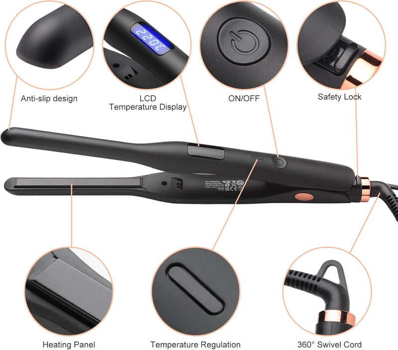 JAETON Mini Hair Straightener for Short Hair,Pixies,Bangs,Small Curls | Small Travel Flat Iron, Adjustable Temperature Pencil Straightener, Dual Voltage Black