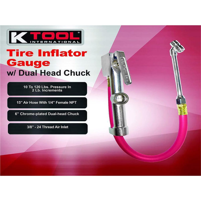 K Tool International 89002 Tire Inflator Gauge with Dual-Head Chuck for Garages, Repair Shop and DIY, 15" Air Hose, 1/4" NPT, 10 to 120 PSI, Chrome Plated Head, Weather Proof Aluminum Body, Angled Tip