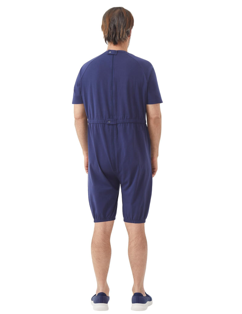 Adaptive Clothing for Men, Anti-Strip Back-Zip Jumpsuit Cotton Romper- Elderly Easy Care Onesie for Special Needs Large Navy