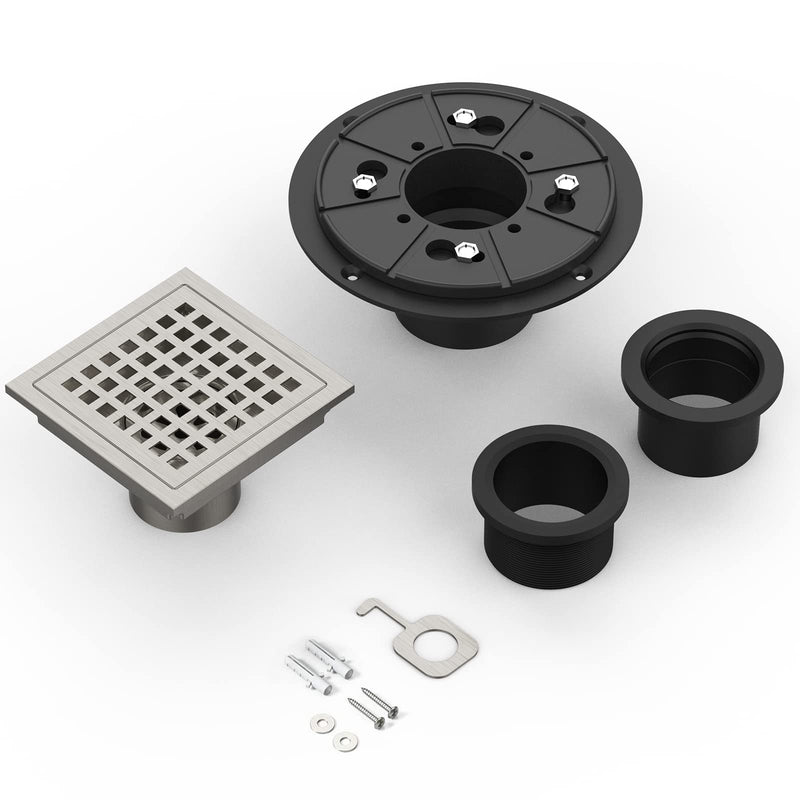 4 Inch Square Shower Floor Drain, Brushed Nickel High Flow Shower Drain Kit with Flange with Hair Filter, Removable Grate Cover, Stainless Steel, Abs Fixing Tray, CUPC Certified(Brushed Nickel) 4"