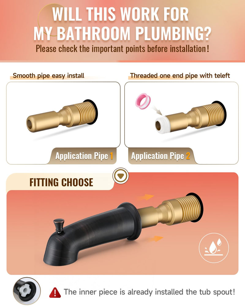 Slip On Bathtub Spout with Diverter, Extra Long 6 Inch Bathtub Spigot, Shower Spout with PTFE Tape & Hex Wrench, Fits for 1/2" IPS Threads,Oil Rubbed Bronze Oil Rubber Bronze
