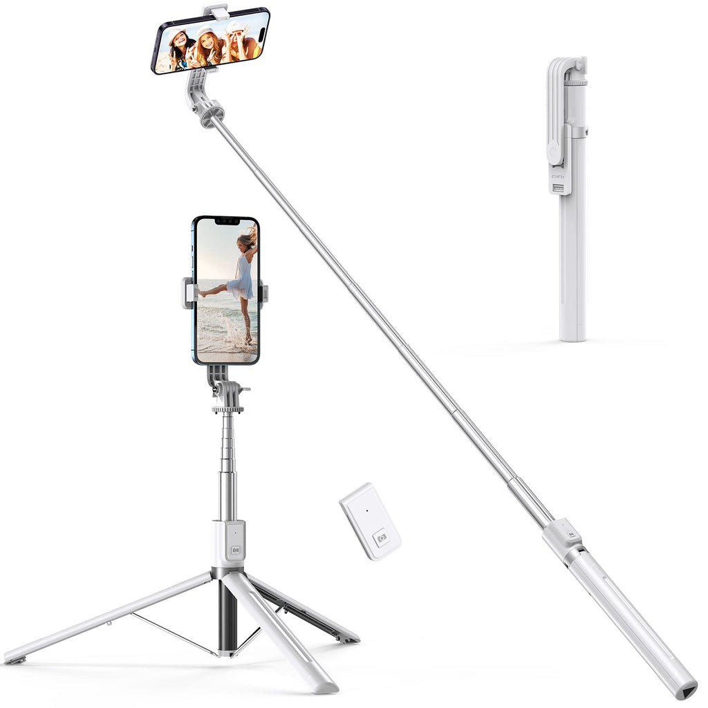 ATUMTEK 59" Selfie Stick Tripod, Stable Tripod Stand with Detachable Bluetooth Remote, Compatible with iPhone 14 Pro Max/14 Plus/14/13/12/11, GoPro, Samsung, LG, Google Smartphones, White 59"