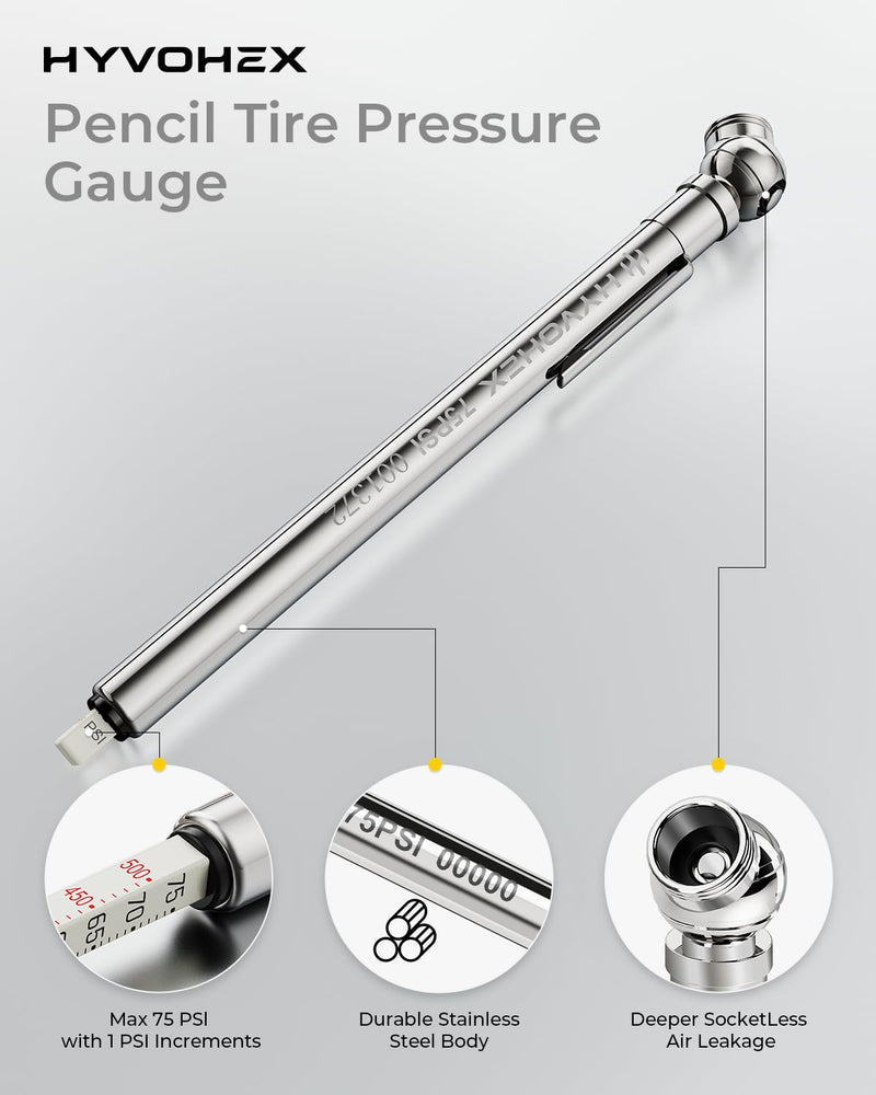 Pencil Tire Pressure Gauge 2 Pack with Valve Caps, Stainless Steel Body Tire Gauges for Tire Pressure with Deflator Valve, Metal Nozzle Tire Gauge for Cars, Pickups, RVs, Bicycles