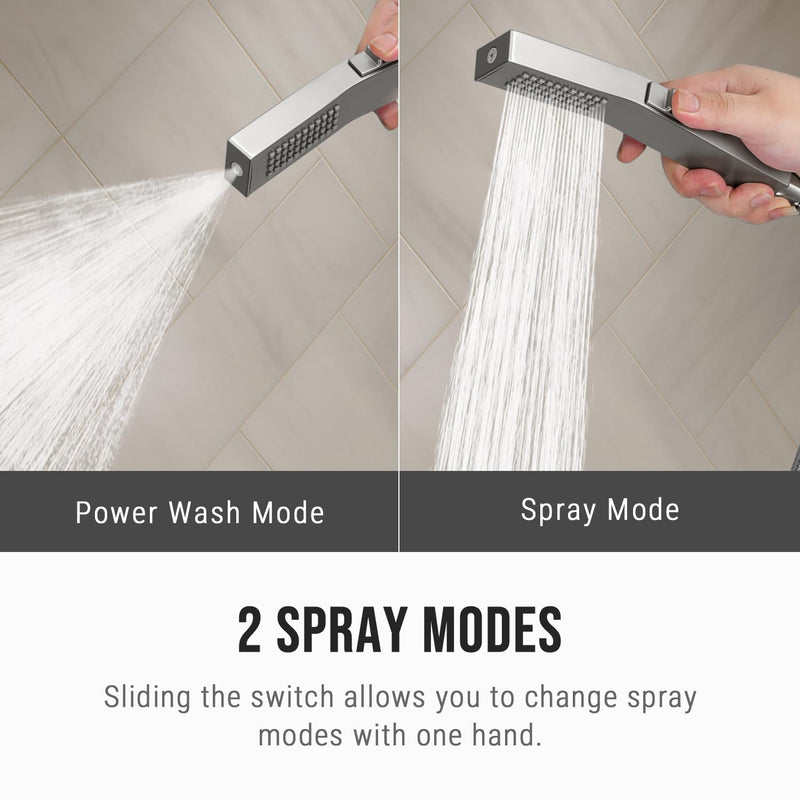 G-Promise All Metal Square 2 Function Handheld Shower Head, with Side Push Switch, Easy and Quick Switch to Power Wash Mode, Bathroom Shower Wand Design Exquisite Luxury, 2.5 GPM, Brushed Nickel