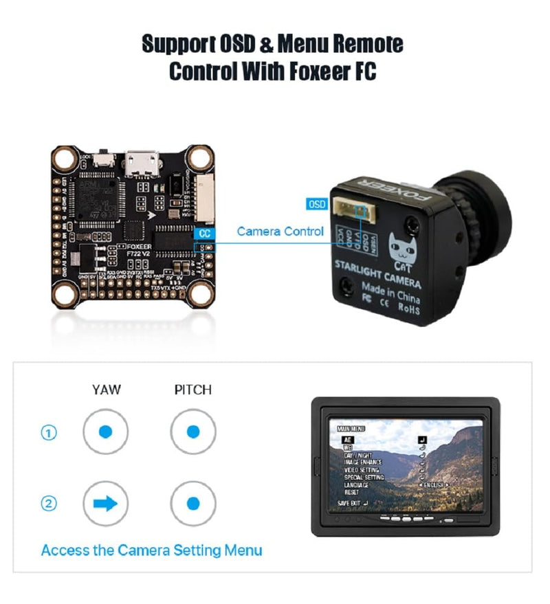 FPV Camera Foxeer Mini Cat 4 1200TVL Starlight 0.00001Lux Global WDR Night Vision Camera 1/3" CMOS Sensor 4:3/16:9 Switchable with OSD Board for RC FPV Racing Drone