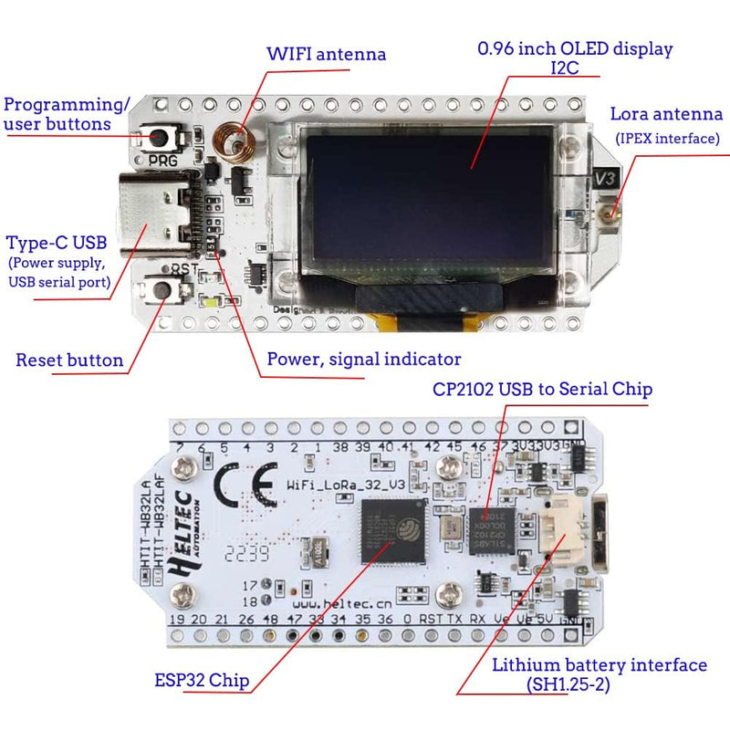 2pcs 915MHz LoRa32 V3 ESP32 S3 WIFI+BT Development Board with 5DBi LoRa Antenna 0.96" OLED Display SX1262 LoRa Kit forMeshtastic IoT