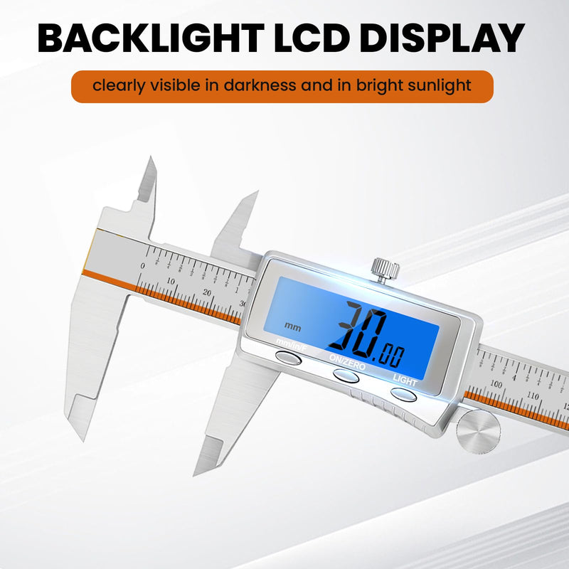 Digital Caliper, Rechargeable Digital Calipers with Backlight LCD & Auto-Off, Stainless Steel Measuring Tool, Inch/MM/Fraction Conversion for 3D Printing DIY Woodworking 6 Inch