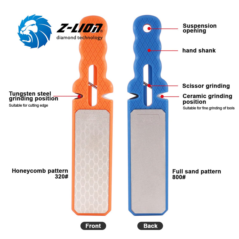 Z-LION Diamond Double-Sided Hand-held Knife Sharpener Five-in-one Sharpening Stone for Scissors Ceramic Fruit Kitchen Knives Fine/Coarse Grit Sharpen Tools Orange/Blue