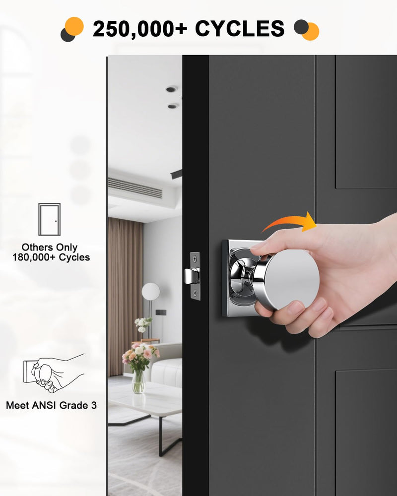 Gobrico Polished Chrome Privacy Interior Door Knob with Square Rosette(1 Pack), Heavy Duty Zinc Alloy Round Knob for Bedroom & Bathroom Interior Door Privacy (Lock Without Key) 1
