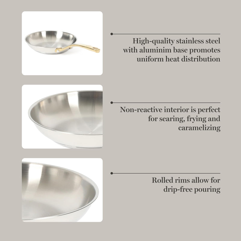 Martha Stewart Castelle 8-Inch Stainless Steel Frying Pan with Gold-Tone Handle – Tri-Ply Encapsulated Bottom, Oven Safe & Induction Safe Skillet for Searing and Sautéing Stainless Steel W/ Gold Handle 8" Frying Pan
