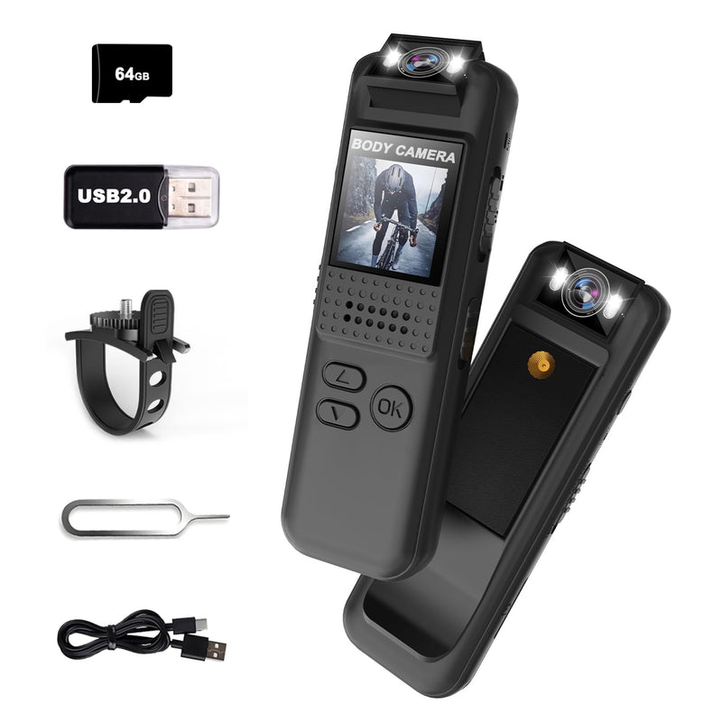 Body Camera, Mini Sports Camera with 64GB TF Card, 1080P HD Body Cam, 180° Rotatable Lens, Small Action Video Camcorder with Magnetic Back Clip & Bike Mount, POV Cam for Bike, Outdoor Use