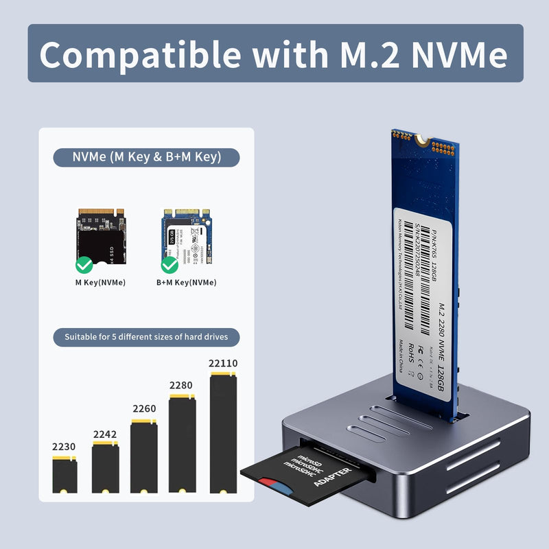 M.2 to USB-C Docking Station, Aluminum NVMe SSD Reader Adapter for M.2 (M Key & B+M Key) - Supports 2280, 2260, 2242, 2230, 22110 SSDs, Plug and Play