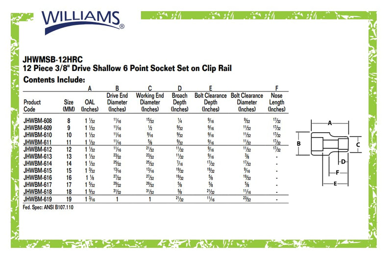 Williams 12-Piece 3/8 Inch Drive Shallow Metric Socket Set, Includes Sizes 8 to 19 mm, Designed for 6 Point Fasteners, Durable Alloy Steel, High-Polished Chrome Finish