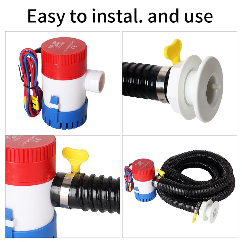 12v 1100GPH Boat Bilge Water Pump, 1-1/8 Inch Dia Boat Bilge Pump Hose Kit, 6.5 FT Kink-Free PVC Hose, 2 Stainless Steel Hose Clamps & ABS Thru-Hull Fitting, for Boats, Yachts and RVs Manual Bilge Pump+Hose Kit