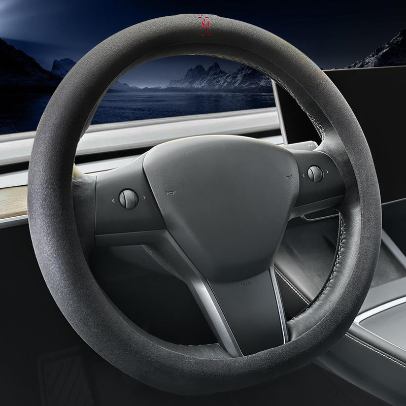 Carodi Suede car Steering Wheel Cover, Suitable for Tesla Model 3 /Model Y Steering Wheel Cover Black-A