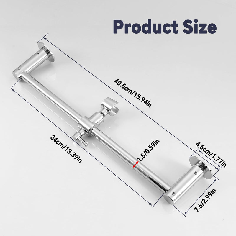 Shower Slide Bar Adjustable Handheld Shower Head Holder Wall Mount - 15inch All-Metal Shower Head Slide Bar Compatible with Bathroom Drill Free Glue Installation - Polished Chrome