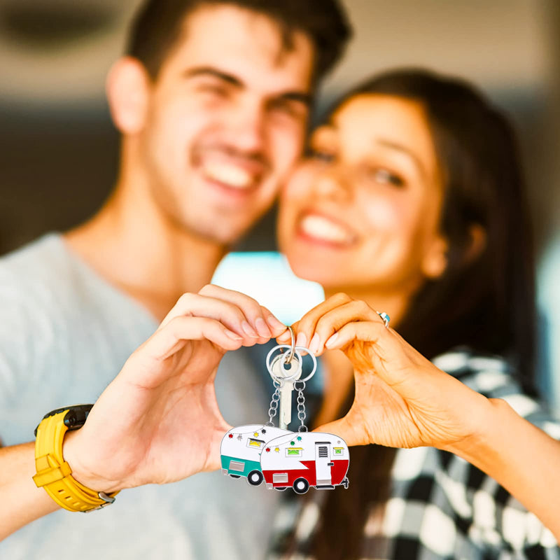 2 Pieces Camper Keychain, RV Camper Keyring Camper Accessories for Travel Trailers Retro Camping Car Keychain Red, Green