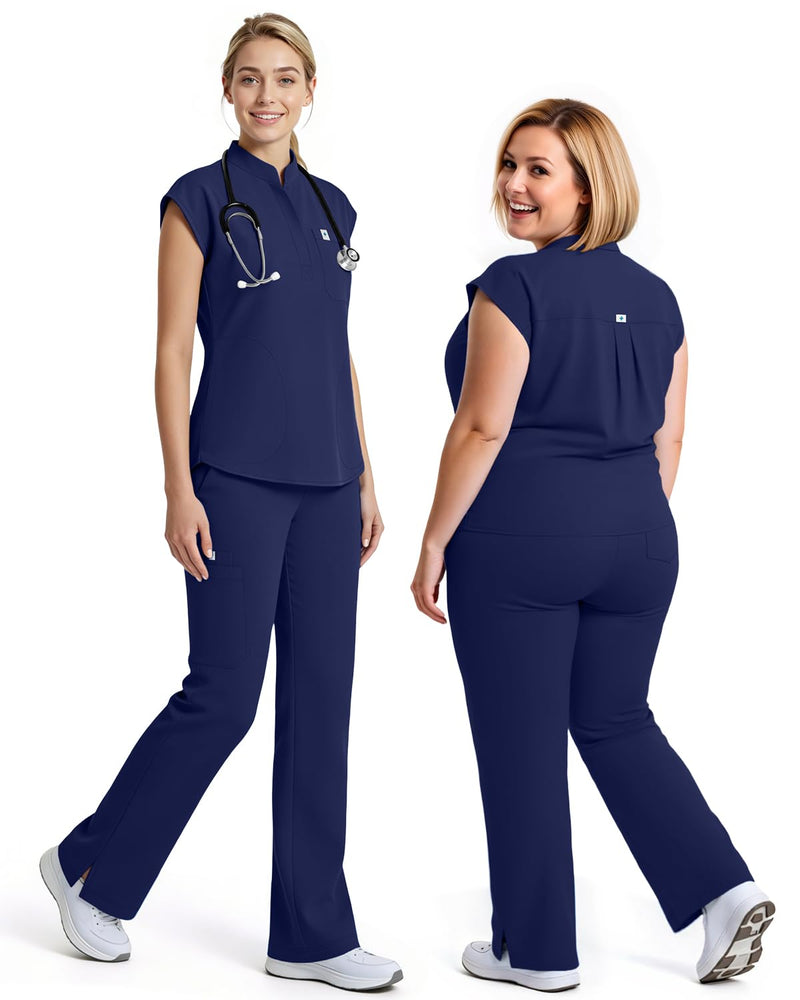 Women Scrubs Set,Sleeveless Stand Collar Scrub Top,Straight Leg Scrub Pant,11-Pocket Medical Uniform,Yoga Waistband Medium Navy Blue