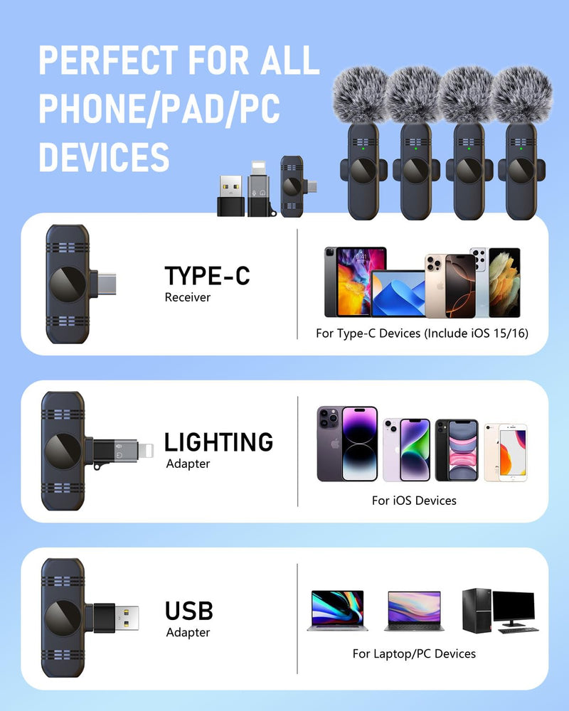 4 Mini Microphone Wireless Microphones Systems for iPhone Android Phone Pad Computer, Pro Clip On Small Lavalier Lapel Mics Tiny for Content Creators Video Recording Vlogging, 48KHz 24Bit
