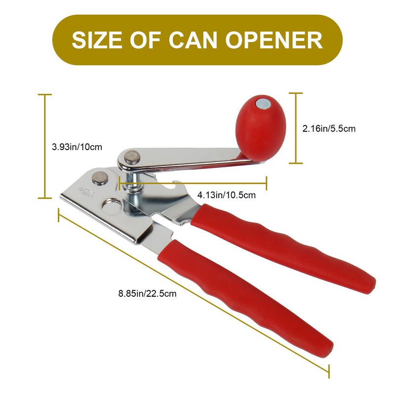 Commercial Can Opener, Stainless Steel Heavy Duty Manual Hand Crank Can Opener, with Comfortable Ergonomic Design Extra-long Handles, Large Handheld Smooth Can Open Easy for Big Cans, Red