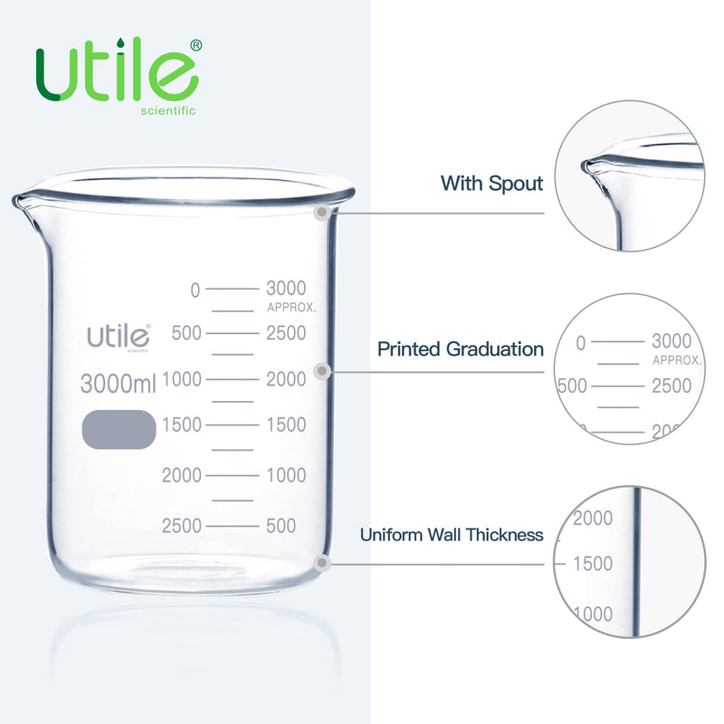 Utile 101.45oz(3000ml) Low Form Glass Beakers, Borosilicate 3.3 Glass with Printed Graduation, 4000.3000.1 Vol.3000ml