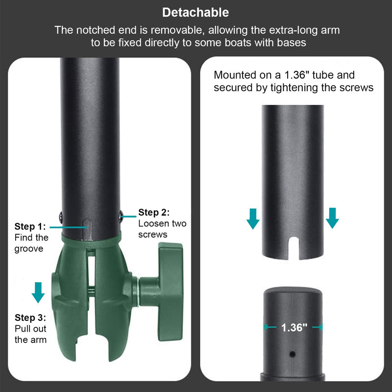 Aluminum Extension(18.3"/46.5cm) Double Socket Arm for 1.5 Inches/C Size / 38mm Ball Accessories, Powerful Clamp, 360° Rotation, Compatible with RAM Mount, iBolt and More