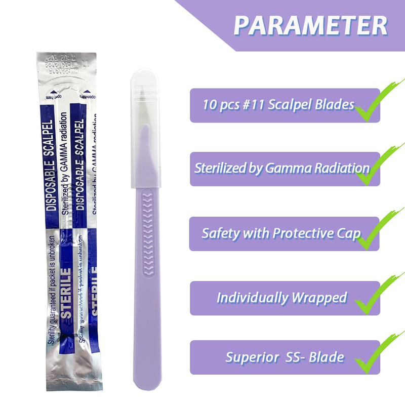 Scalpel Blades #11 Dispoable Steriled Surgical Knife for Biology Anatomy, Dermaplaining, Podiatry, Practicing Cutting, Medical Student, Sculpting, Repairing, Crafts #11-10PACK Purple