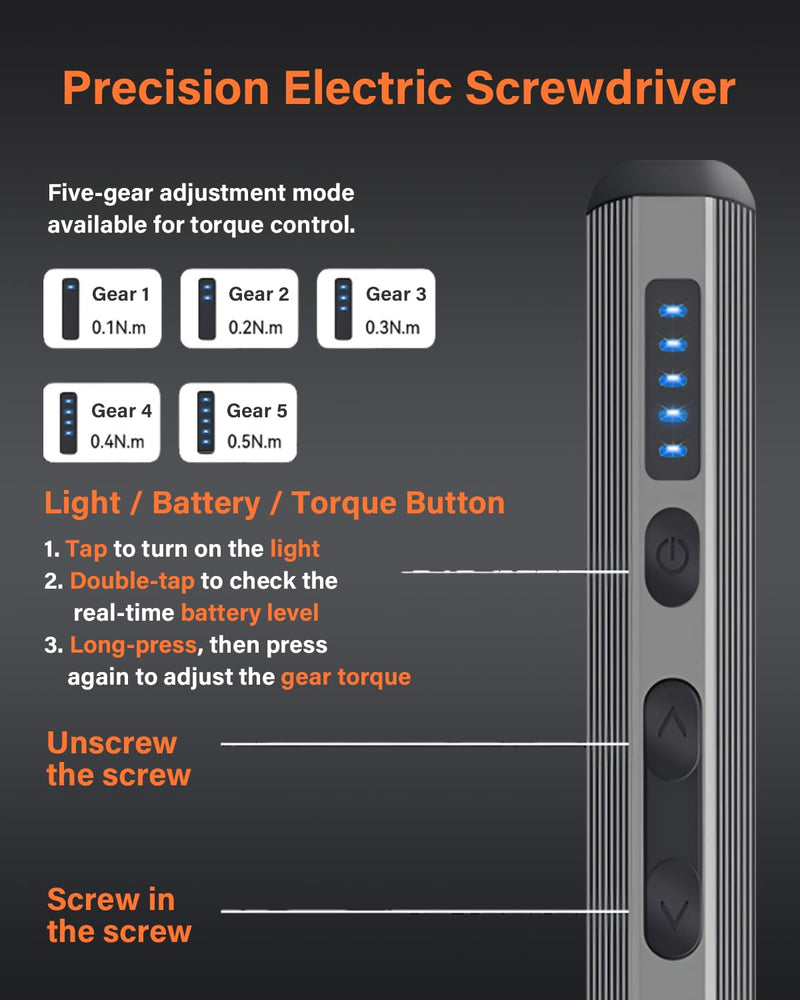 3.7v Mini Electric Screwdriver Set, Precision Screwdriver Set with 5 Torque Settings, LED Light, Magnetic Storage, Magnetizer, Repair Tool Kit for Electronics Phone Camera Laptop Watch