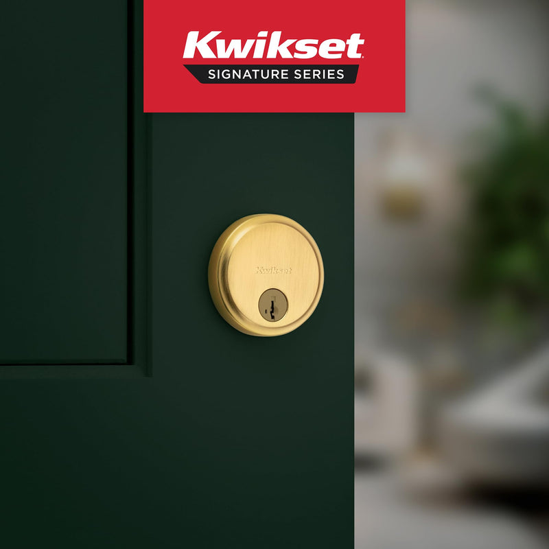 Kwikset Hometown Deadbolt Lock, Satin Brass, Round Exterior Keyed Front Entry Door, Pick Resistant SmartKey Rekey Security, Single Cylinder Dead Bolt Door Lock, with Microban Protection